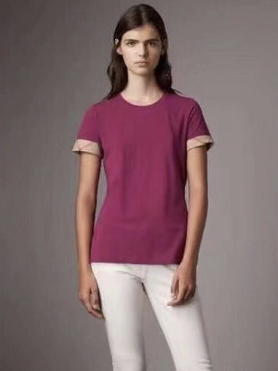 Women’s Burberry Crewneck Short-Sleeve T-Shirt Purple With Check Cuffs Size L